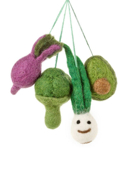 Eat Your Greens, Set of Four Handmade Felt Christmas Decorations