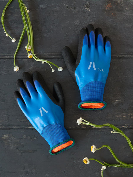Pair of blue gardening gloves with black cuffs on a dark wooden surface with small plants.