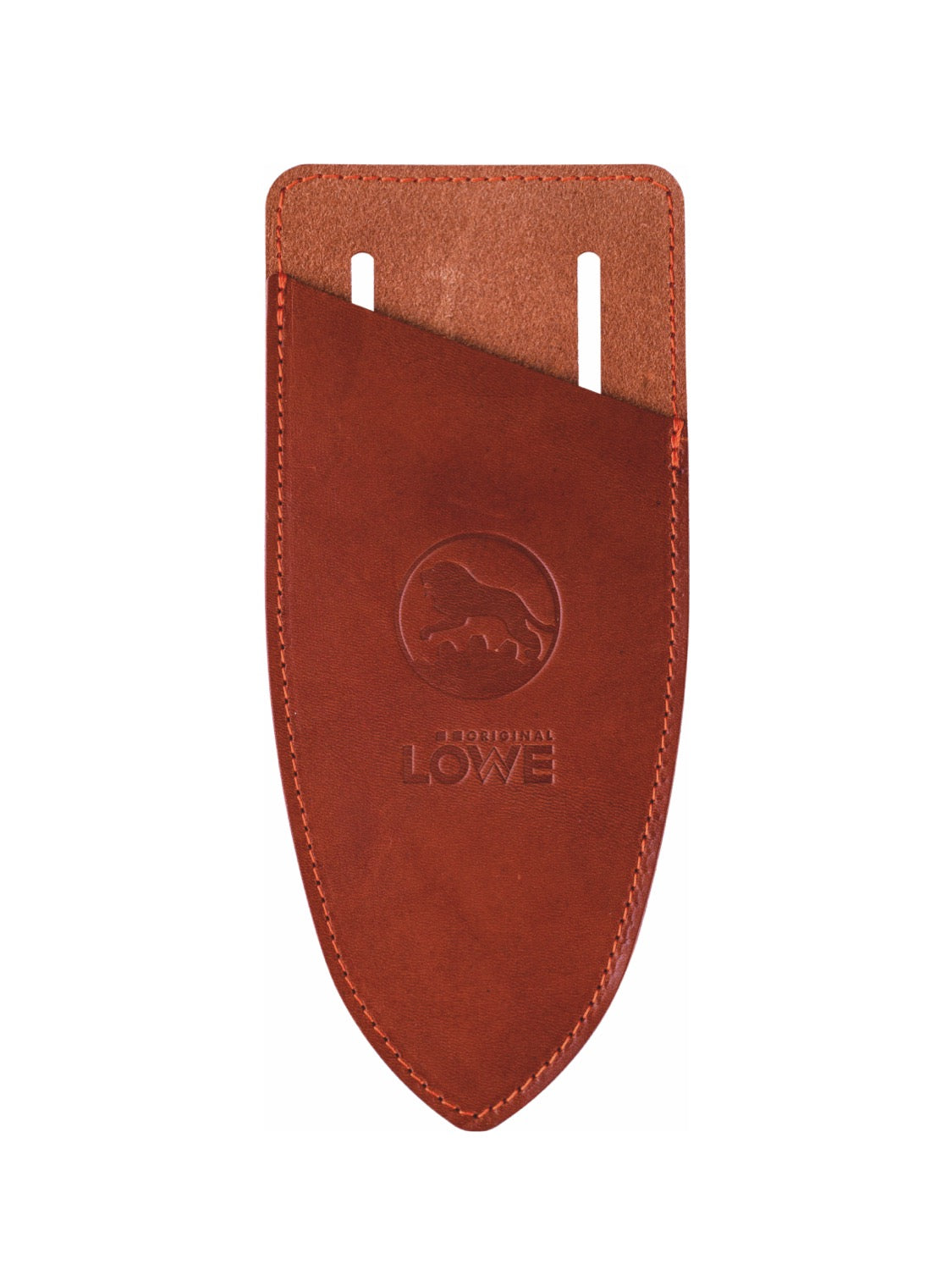 Brown leather sheath with 'Lowe' branding on a white background