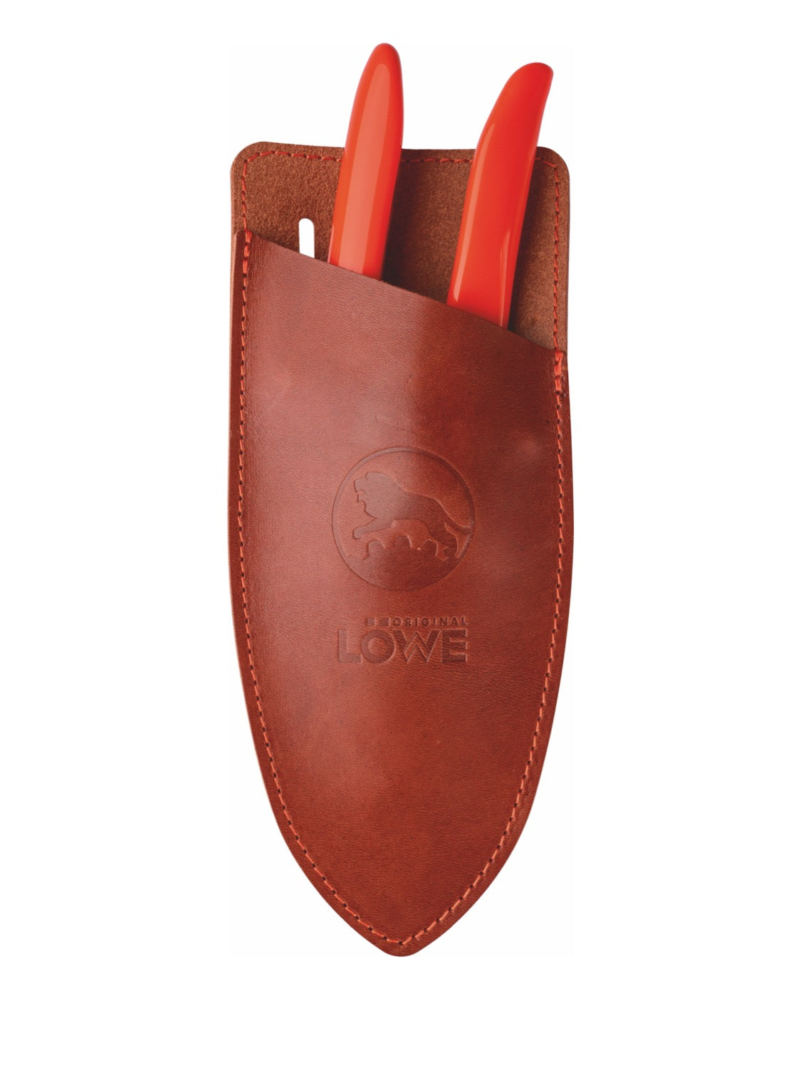 Brown leather seacteur sheath with Original LÖWE secateurs on a white background
