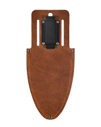 Brown leather secateur sheath with a black clip on a white background