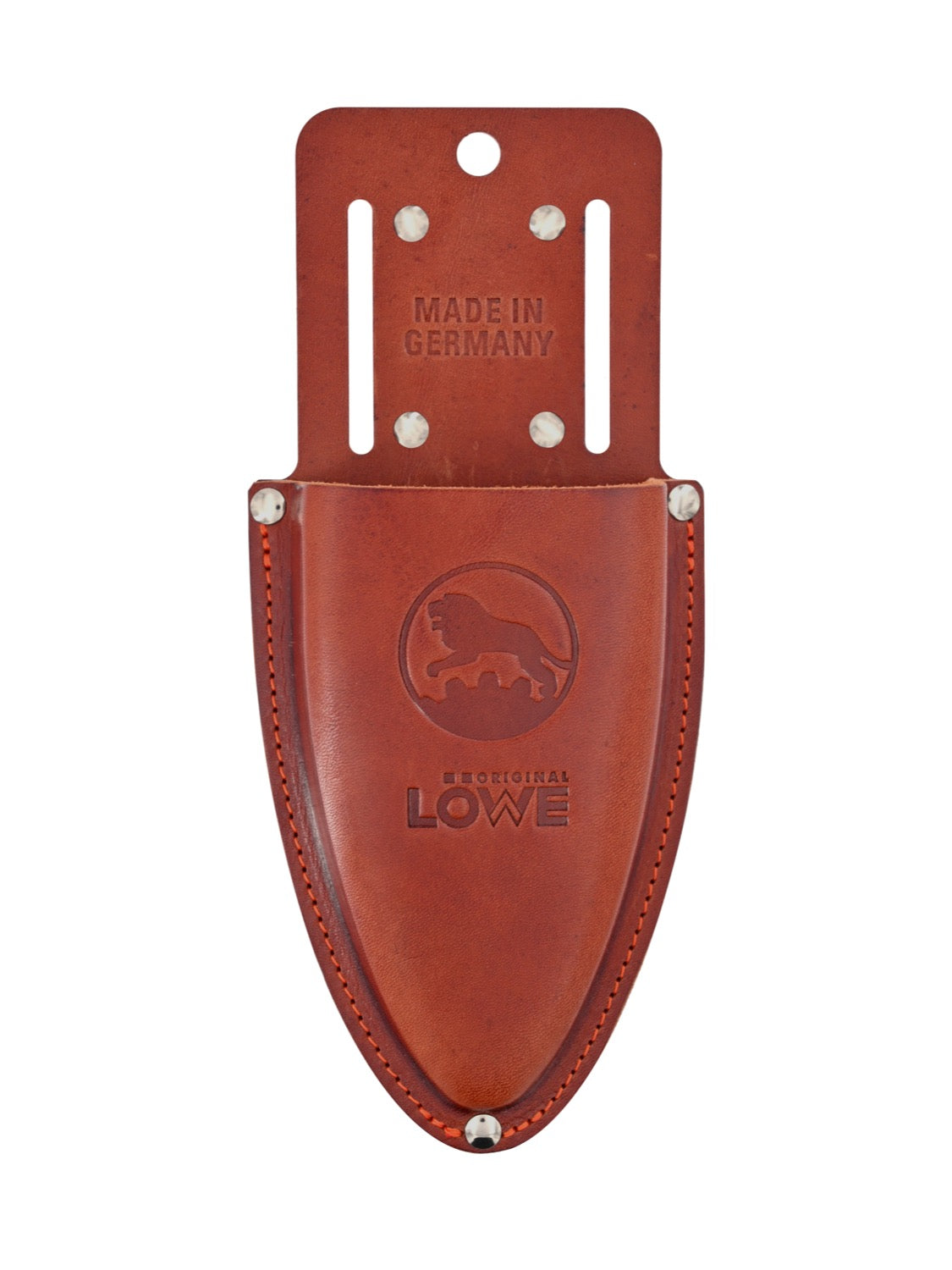 Brown leather secateur sheath with 'Made in Germany' and 'Lowe' branding on a white background