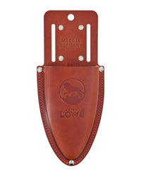 Brown leather secateur sheath with 'Made in Germany' and 'Lowe' branding on a white background