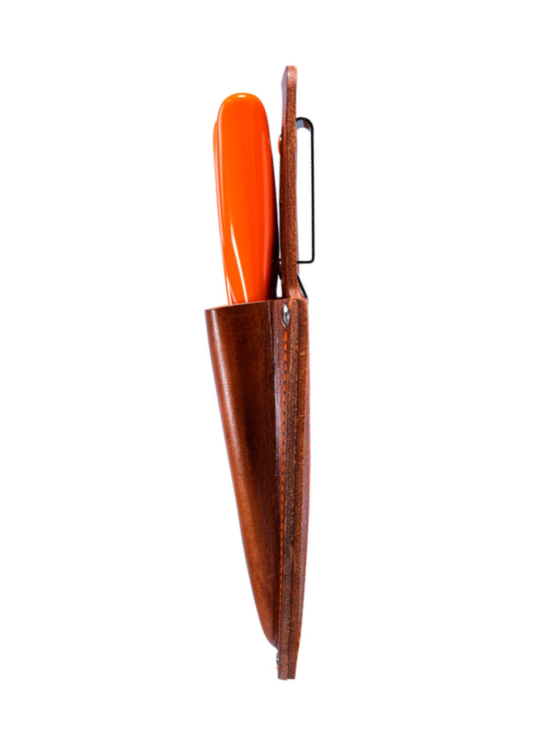 Leather secateur sheath with orange secateurs on a while background photographed from the side