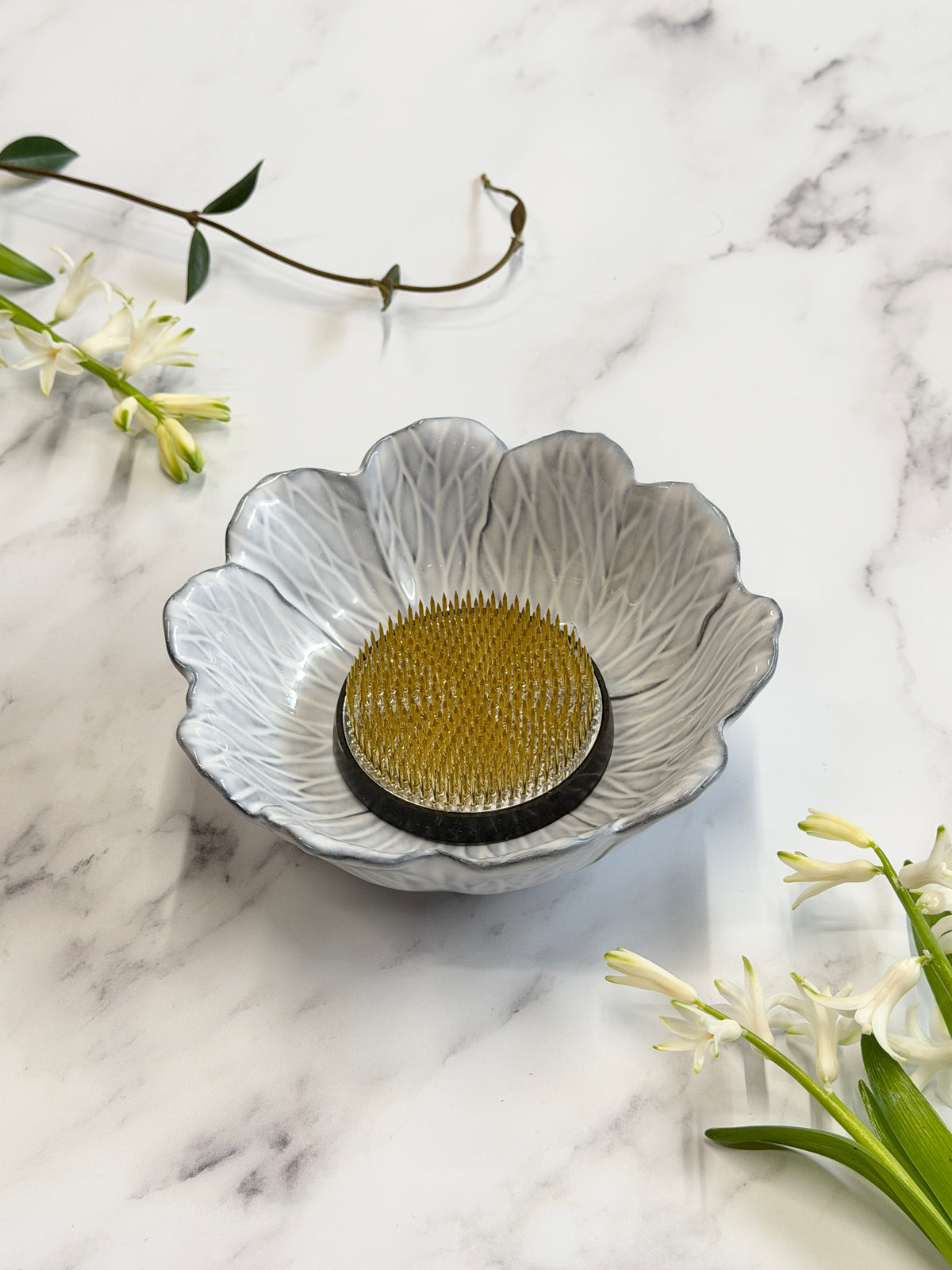 Anemone Flower Bowl & Large Flower Frog Bundle, Antique White
