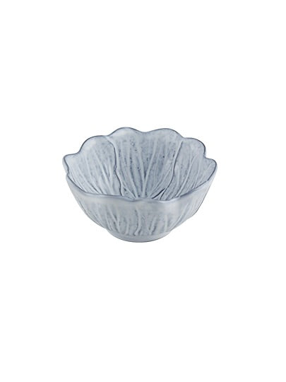 Decorative grey and white bowl with scalloped edge on a white background