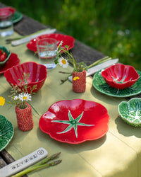 Colorful ceramic plates and vases on a table outdoors