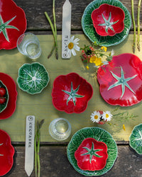 Colourful ceramic plates with tomato and cabbage leaf designs on a wooden table.