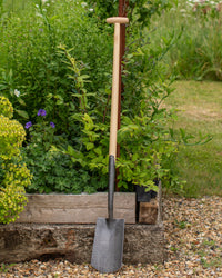 Garden spade leaning against a wooden crate with greenery in the background