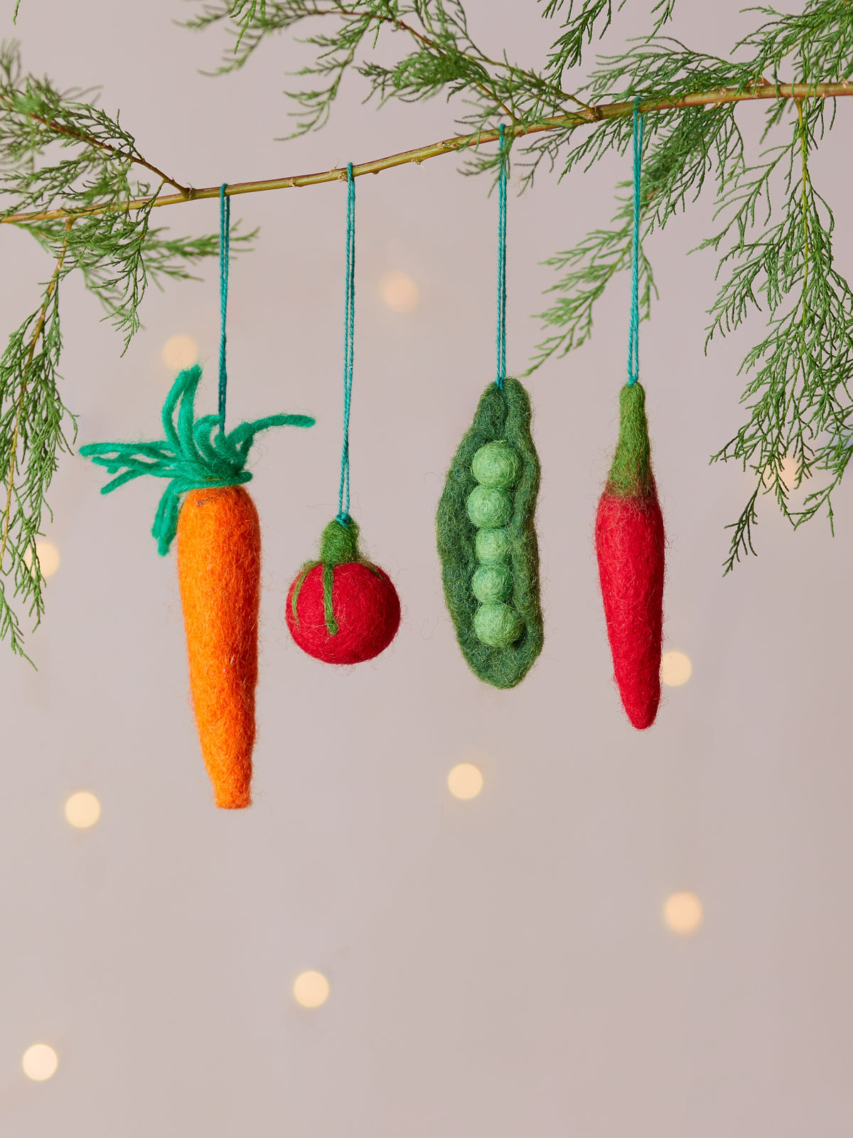 Vibrant Veggies, Set of Four Handmade Felt Christmas Decorations