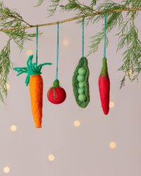 Vibrant Veggies, Set of Four Handmade Felt Christmas Decorations