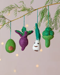Eat Your Greens, Set of Four Handmade Felt Christmas Decorations
