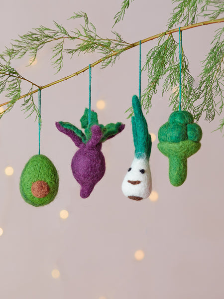 Eat Your Greens, Set of Four Handmade Felt Christmas Decorations