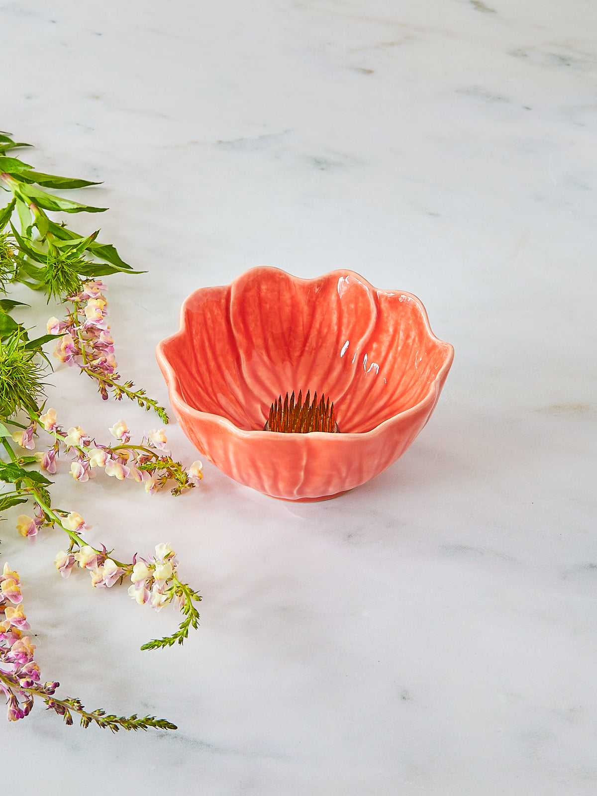 Buttercup Flower Bowl and Small Flower Frog Bundle, Coral