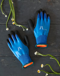 Pair of blue gardening gloves with black cuffs on a dark wooden surface with small plants.