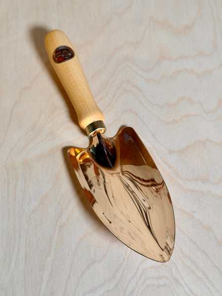 Bronze trowel on a birch ply background
