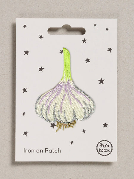Garlic patch iron on a card with star patterns